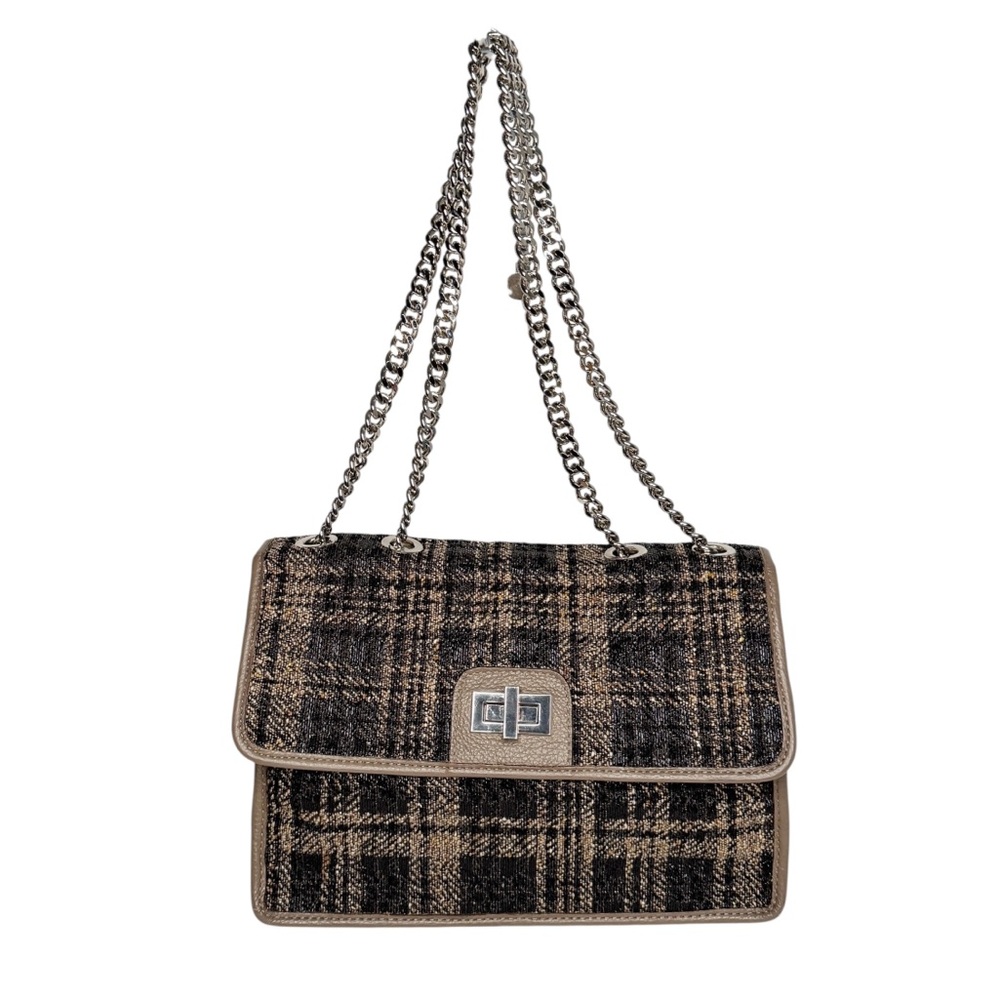 ALMA TONUTTI PLAID TWEED LEATHER SILVER CHAIN HANDBAG
